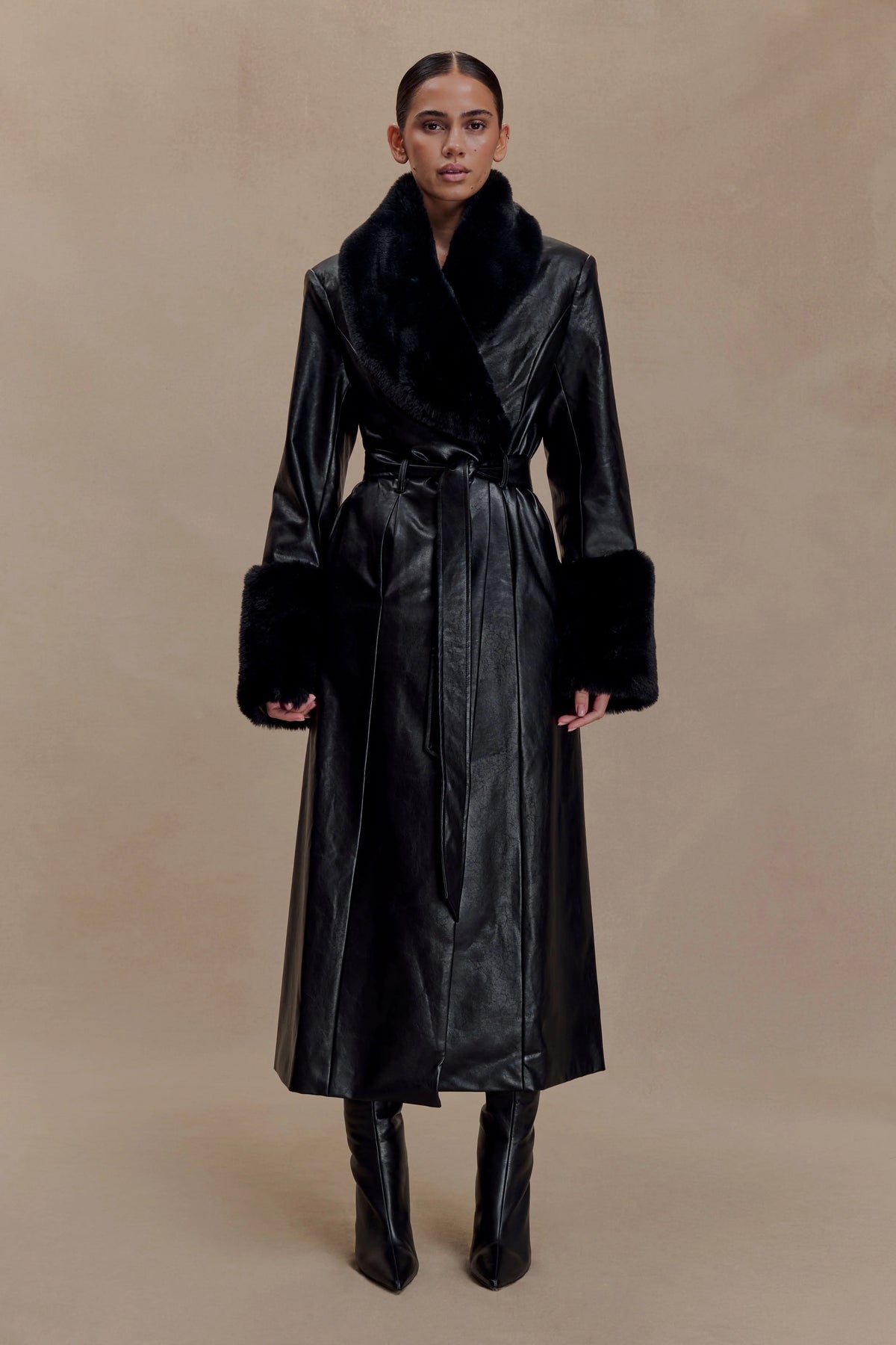 Bec Faux Leather Trench Coat With Faux Fur Black