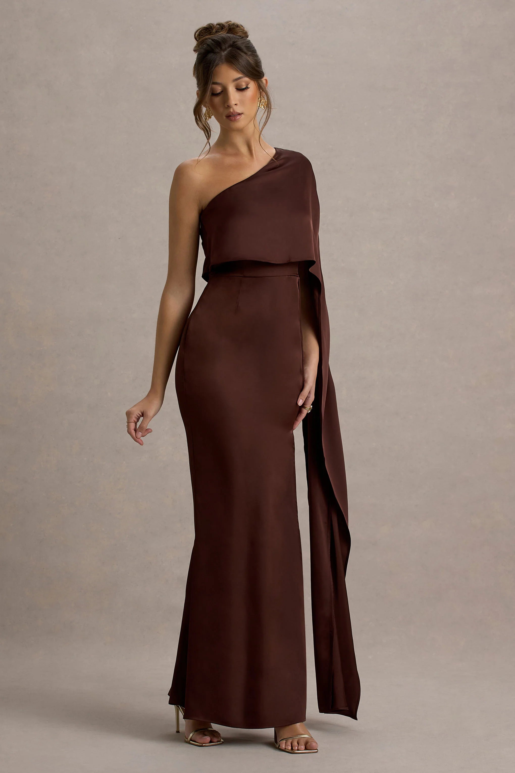Amora Brown Satin Asymmetric Cape Sleeve Split Maxi Dress
