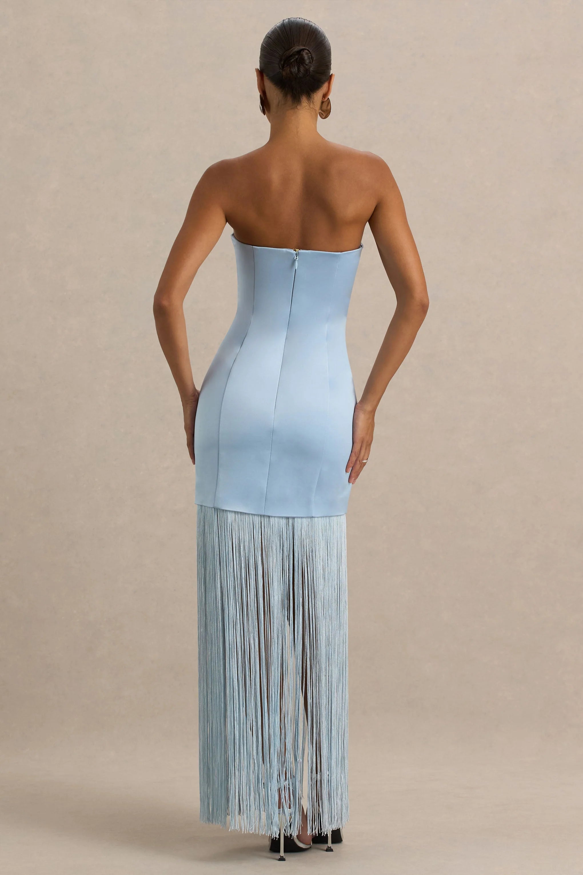 Trinity Powder Blue Satin Bandeau Maxi Dress With Fringe