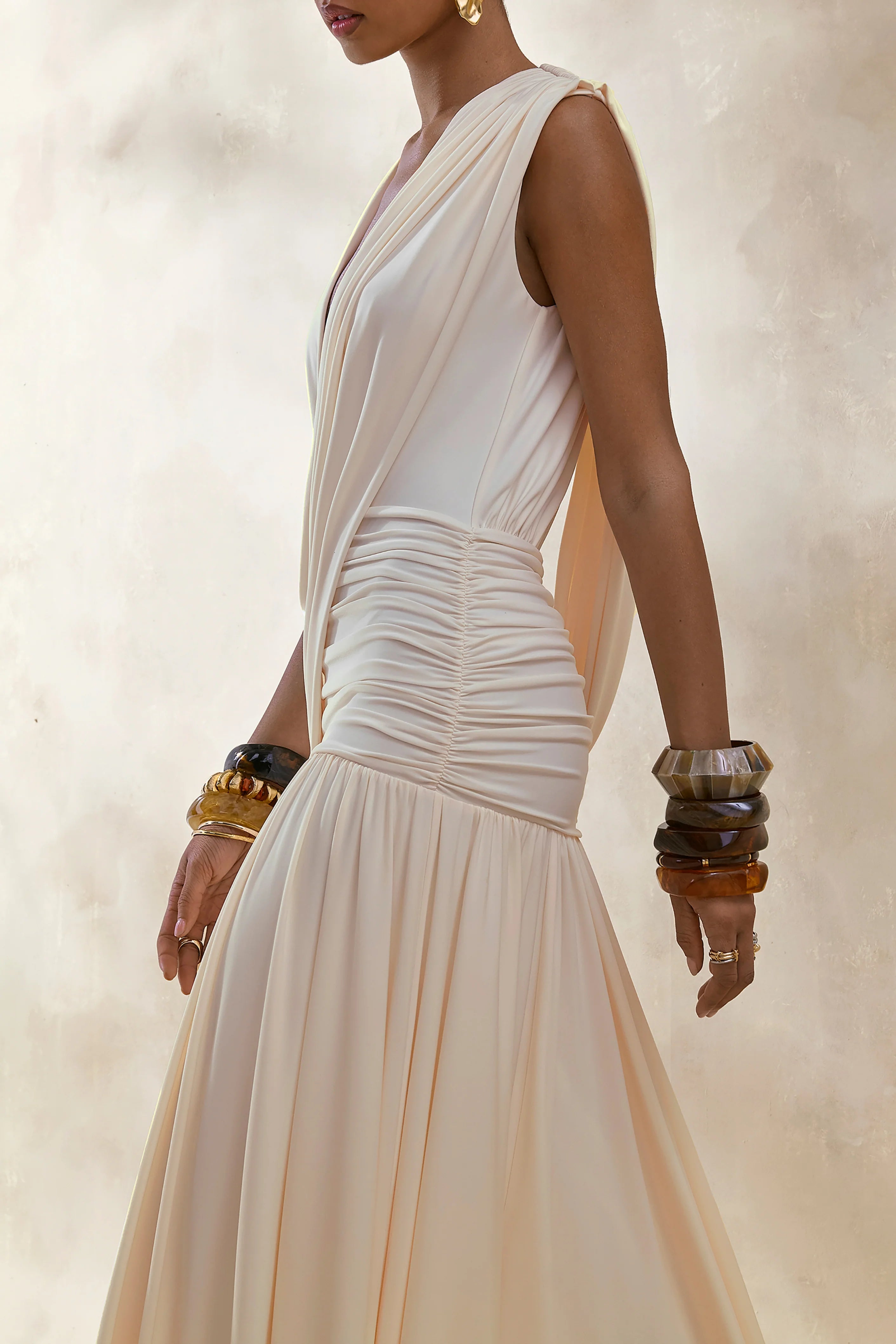 Glorina Cream Plunge Neck Maxi Dress With Draped Detailing