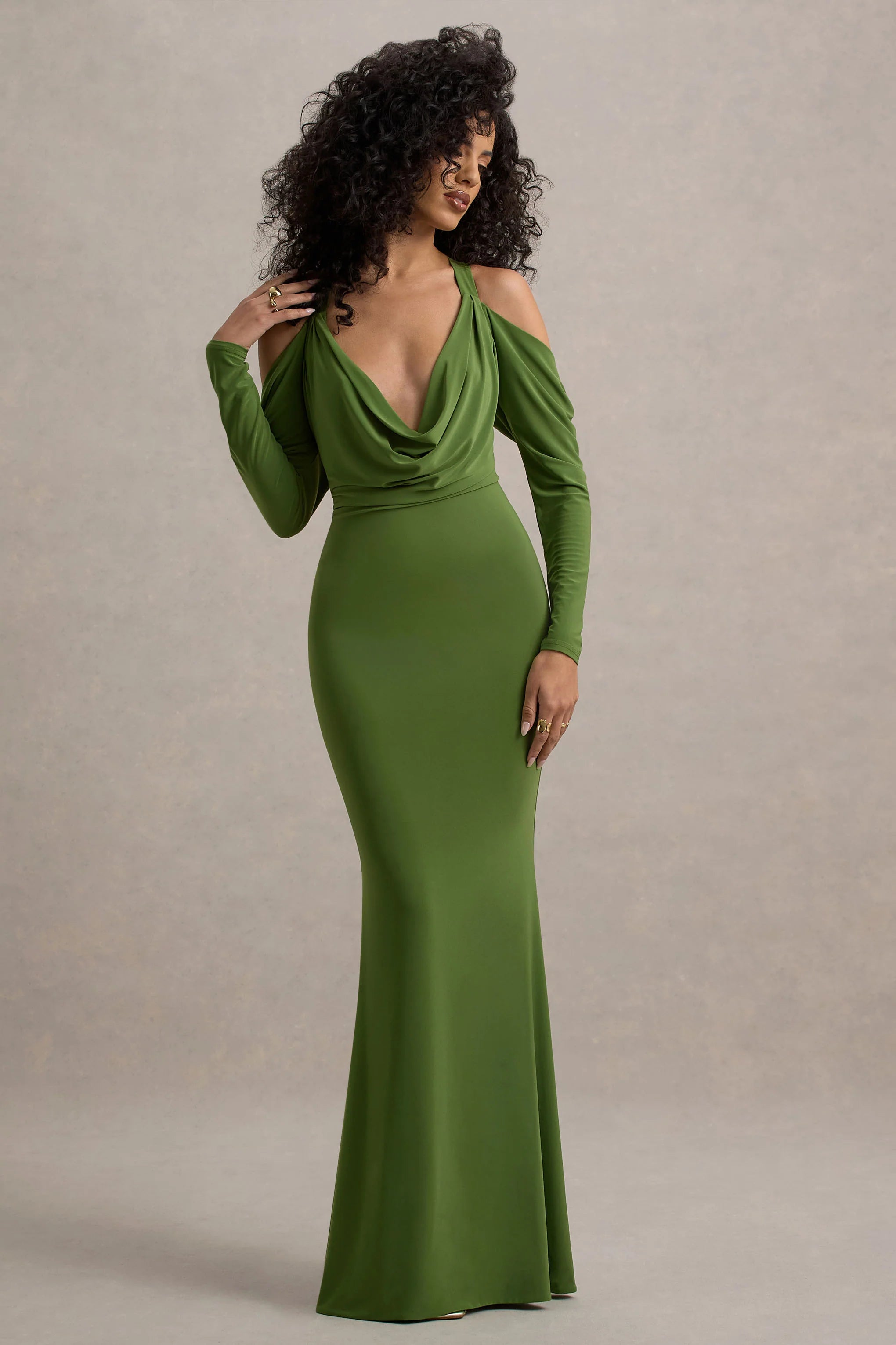 Hurghada Green Plunge Neck Long Sleeve Maxi Dress