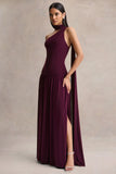 Freesia Plum Asymmetric Neck Maxi Dress With Scarf Detail