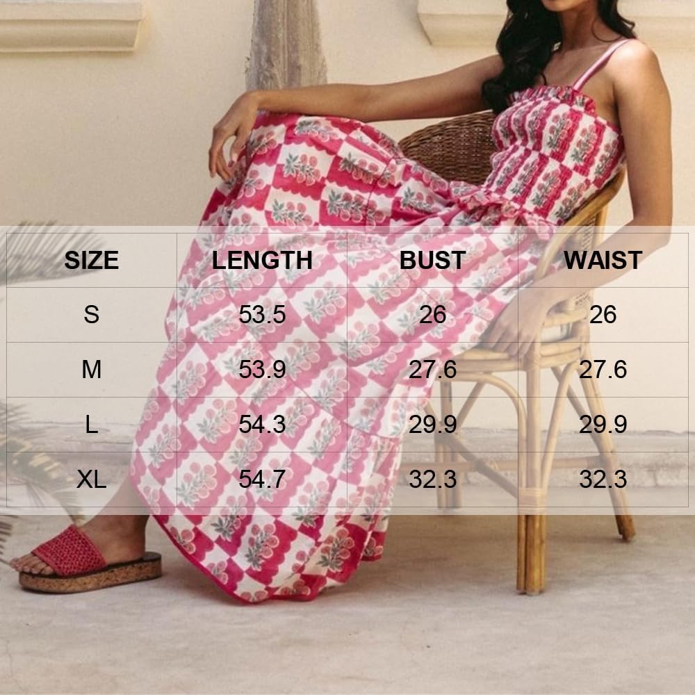 Women Floral Maxi Dress Sleeveless Smocked Ruffle Flowy Boho Sundress with Pockets Summer Vacation