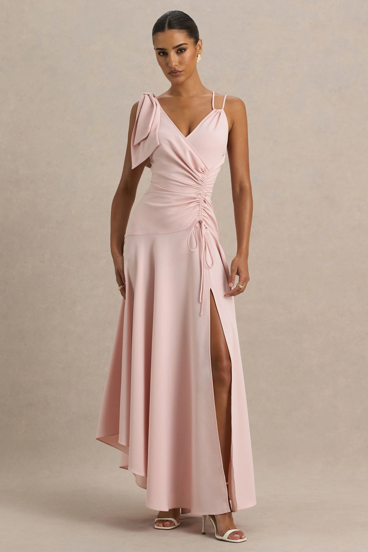 Julieta Baby Pink Asymmetric Neck Maxi Dress With Bow Detail And Open Back