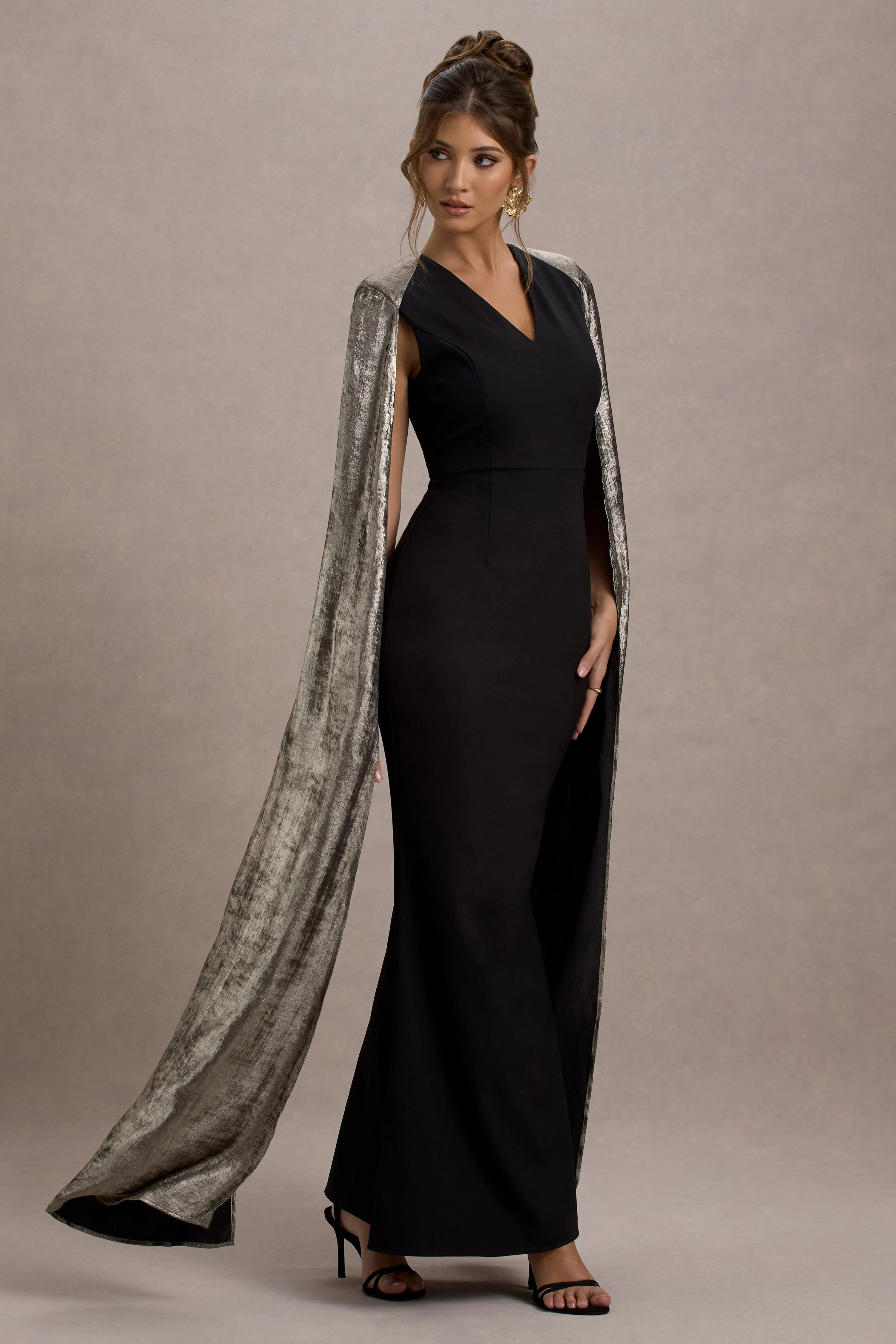 Ilenia Black V Neck Maxi Dress With Metallic Cape