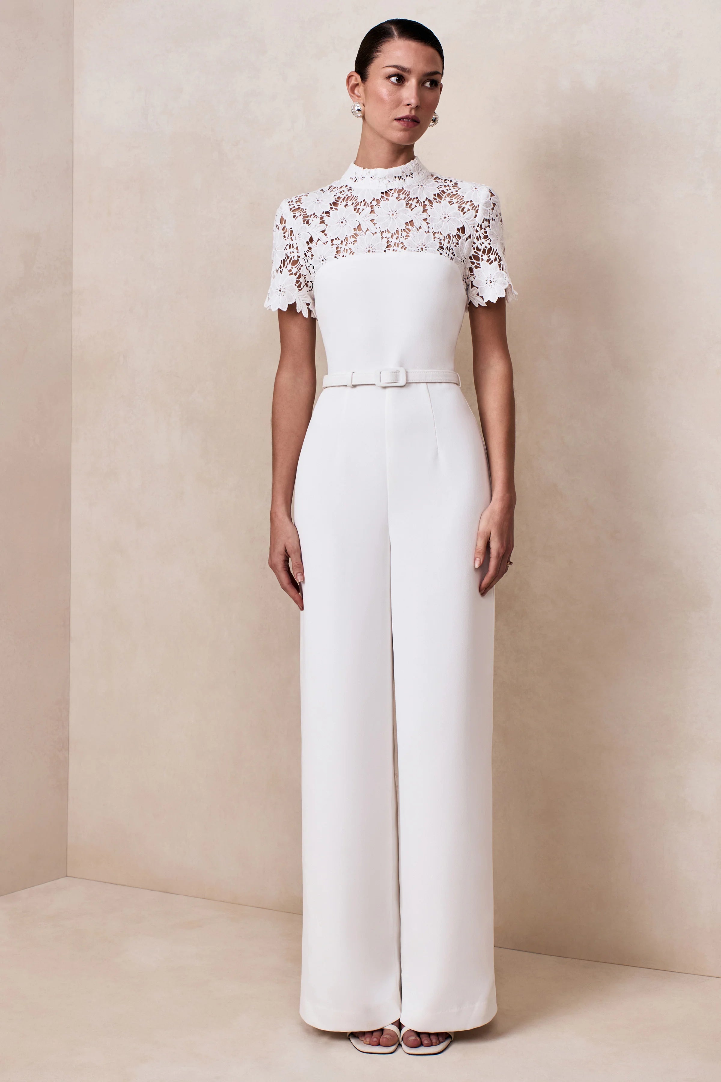 Liliana White High Neck Jumpsuit With Lace Detailing