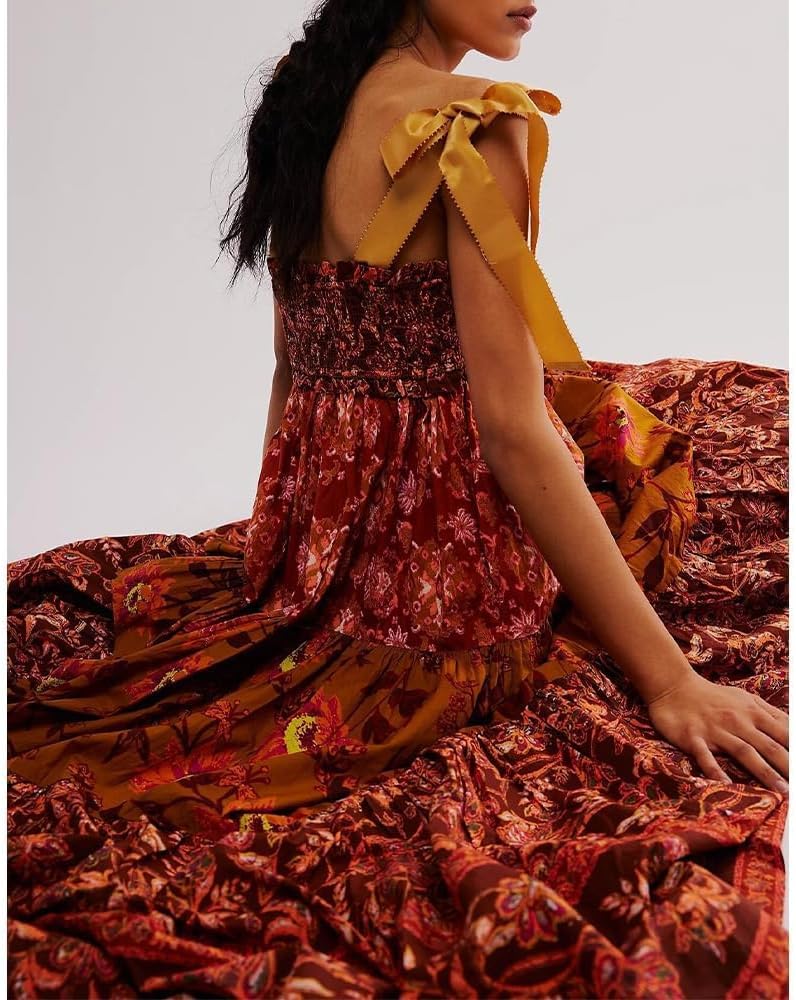 Women Floral Maxi Dress Tie Shoulder Patchwork Smocked Flowy Boho Dress with Pockets Summer Vacation Sundress