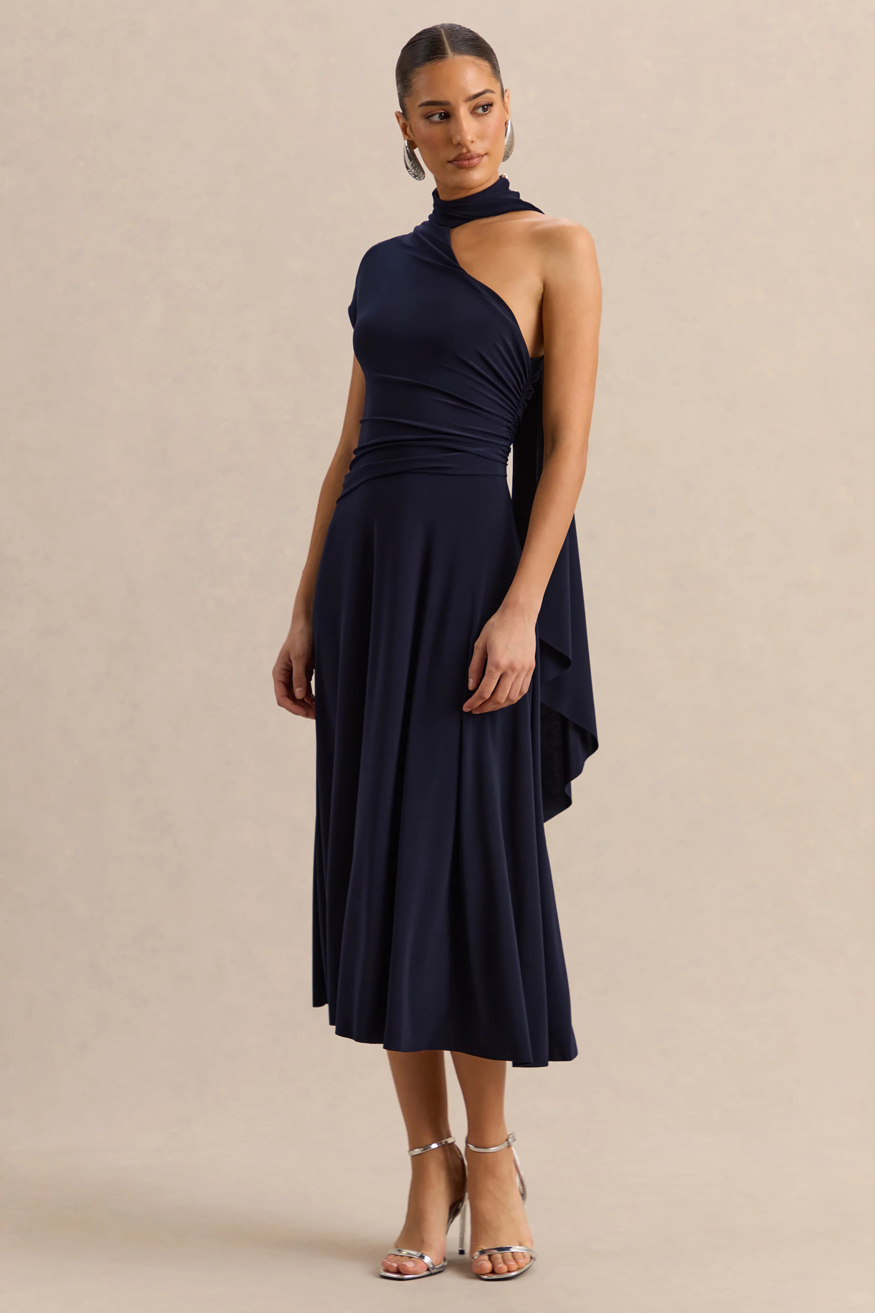 Lythara Navy Asymmetric Neck Midi Dress With Scarf Detail