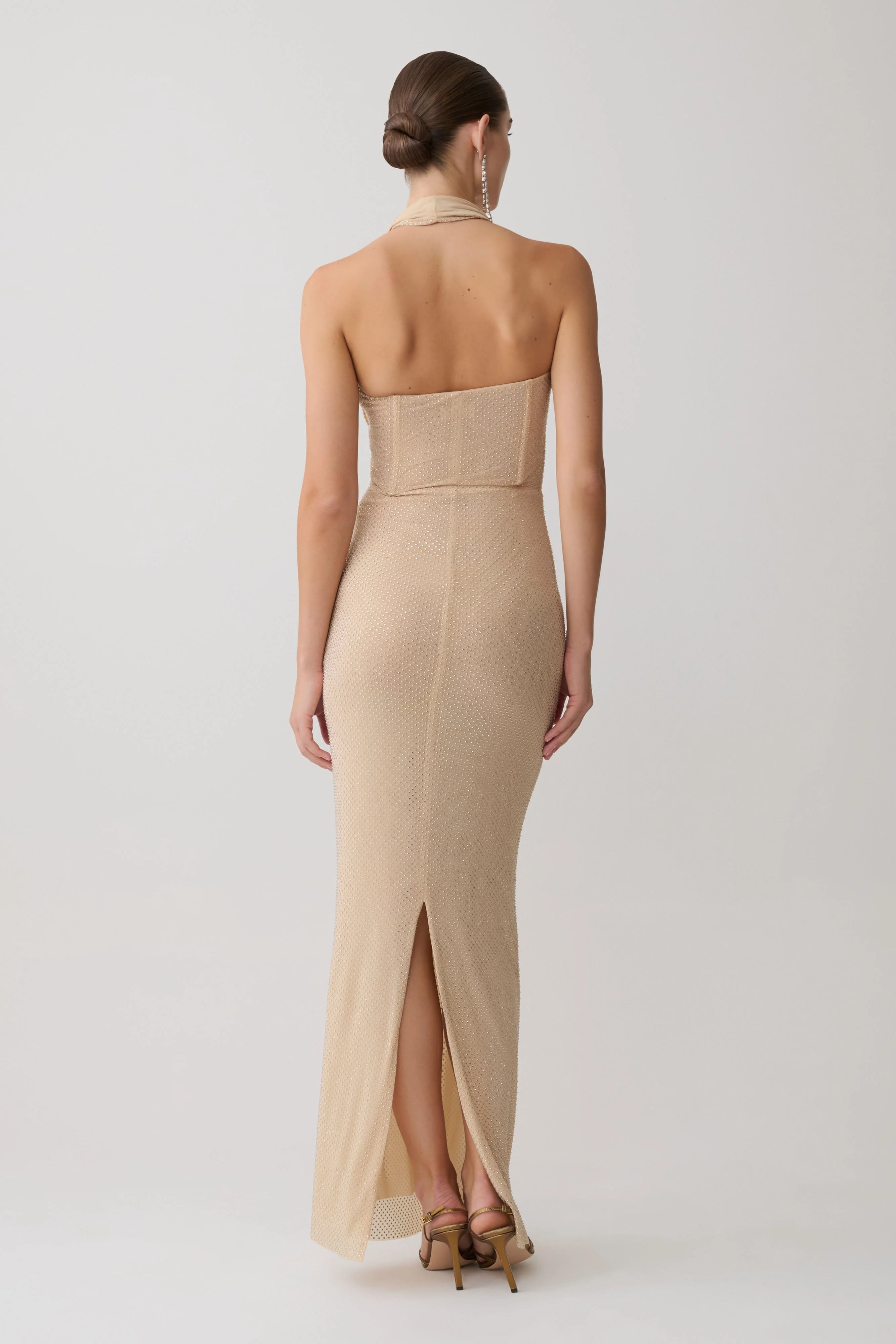 Phi Multi Wear Cowl Diamante Maxi Dress Gold