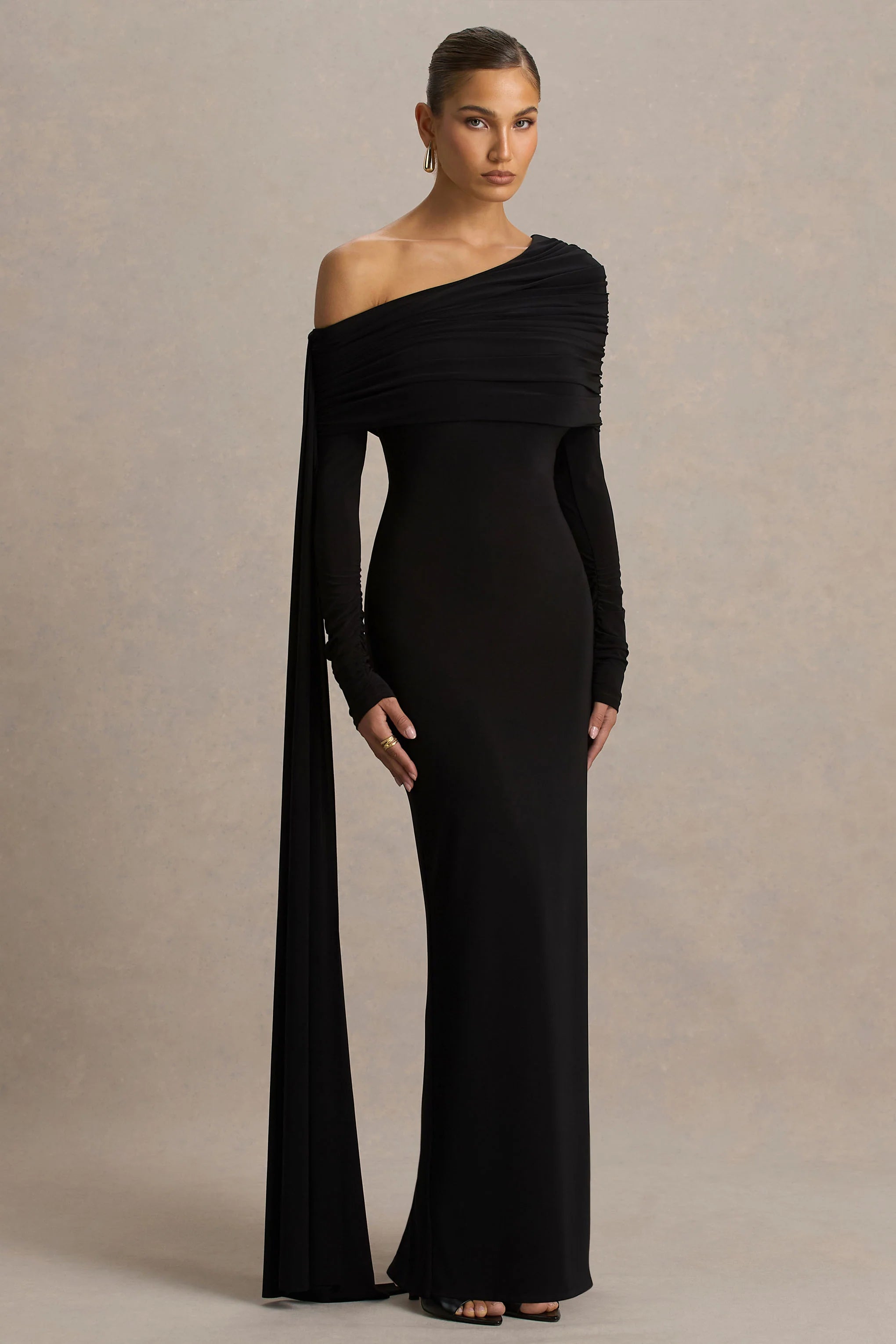Octavia Black Bardot Neck Maxi Dress With Cape And Ruched Detailing