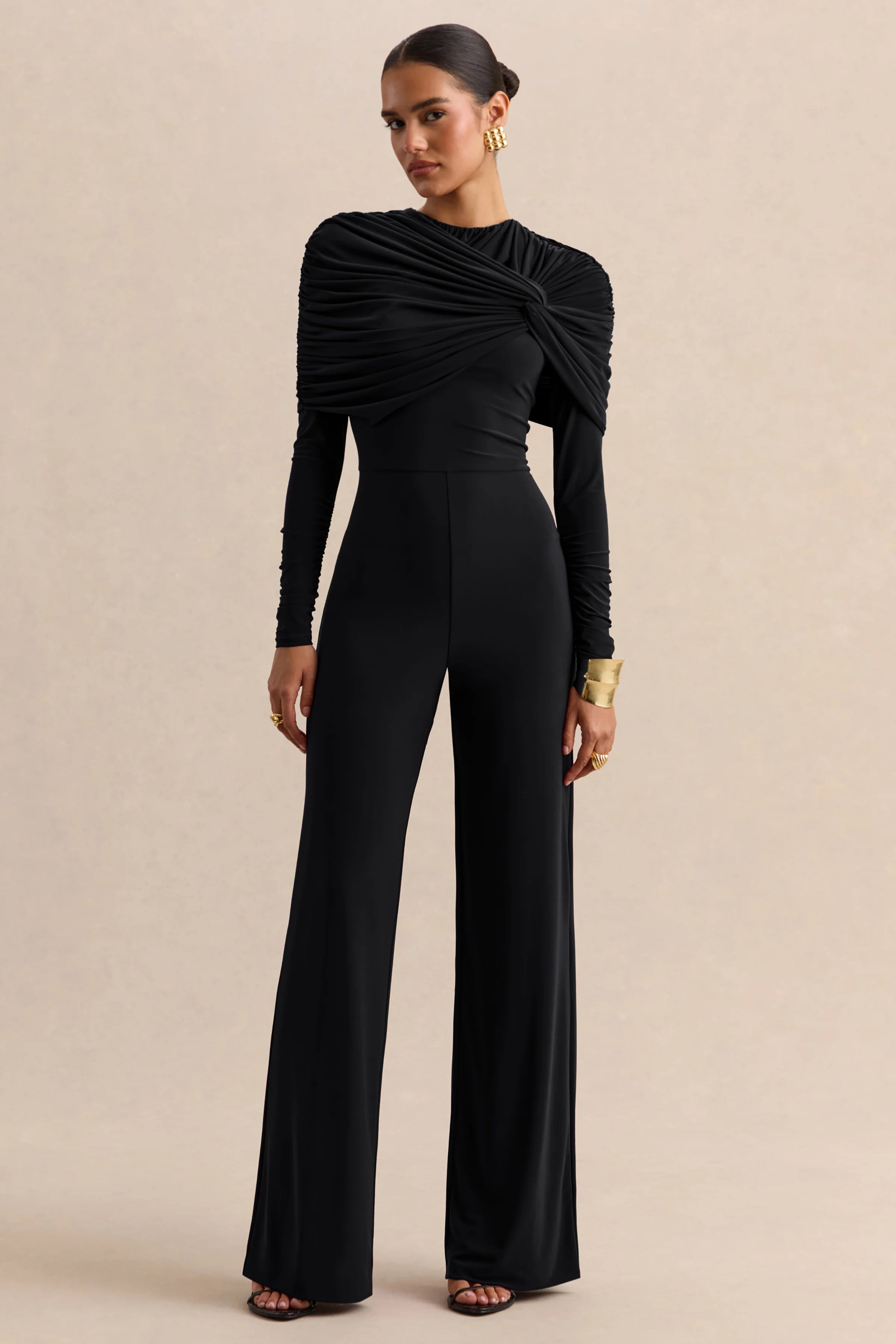 Eloura Black High Neck Jumpsuit With Twist Gathered Detail