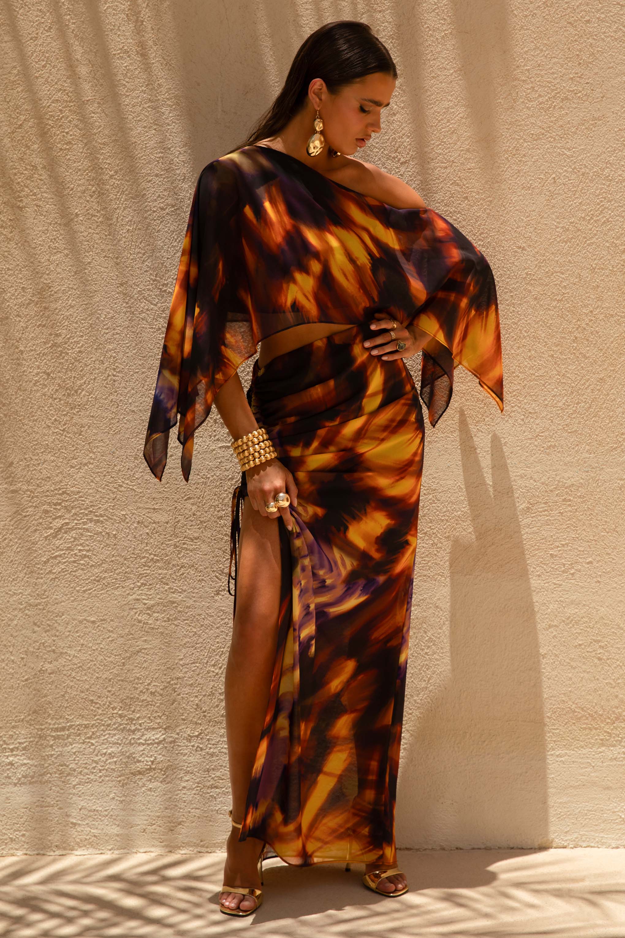 Nadine Smoke Print Asymmetric Maxi Skirt With Split