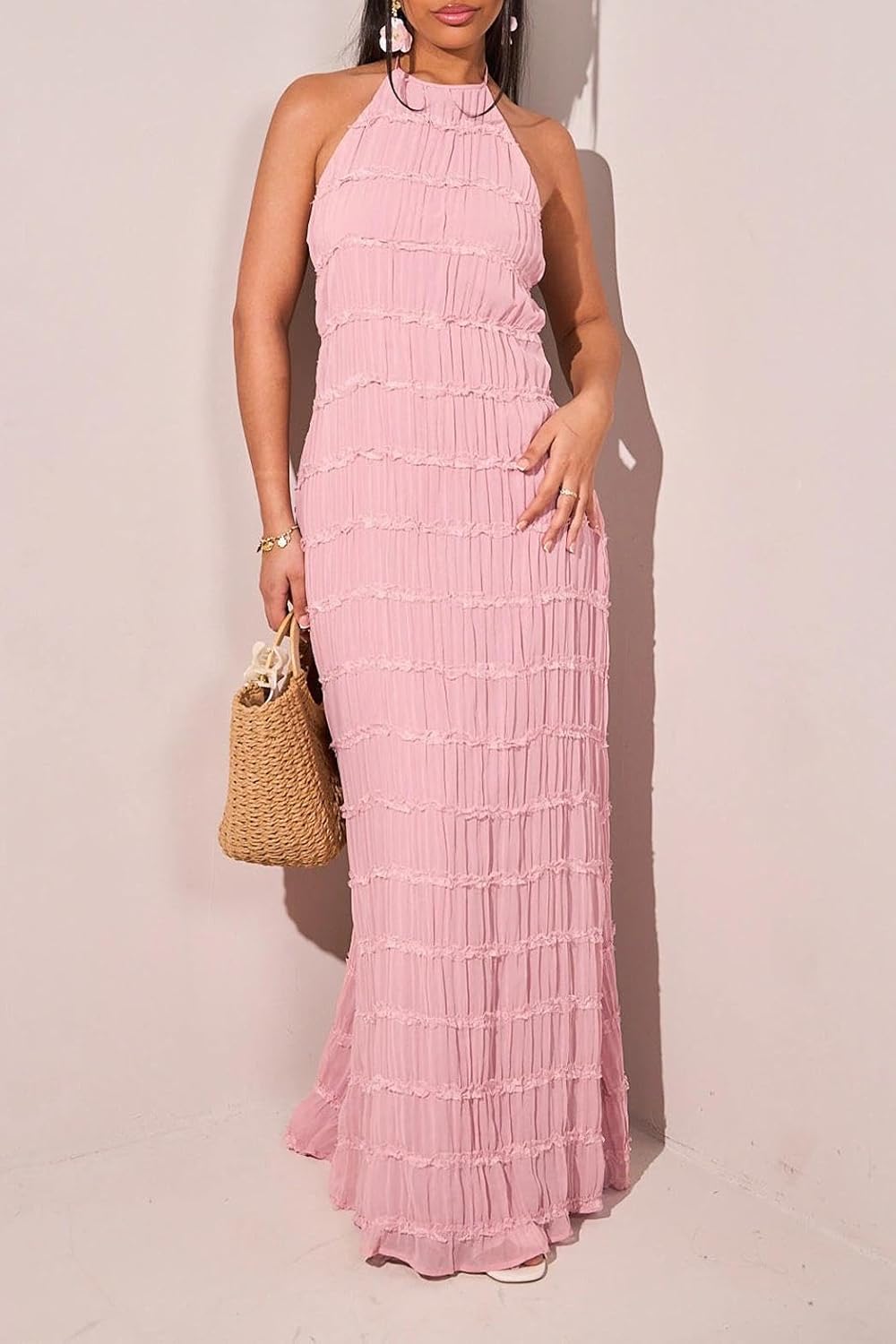 Women Backless Dress Sleeveless Textured Halter Open Back Maxi Dresses Vacation Wedding Guest