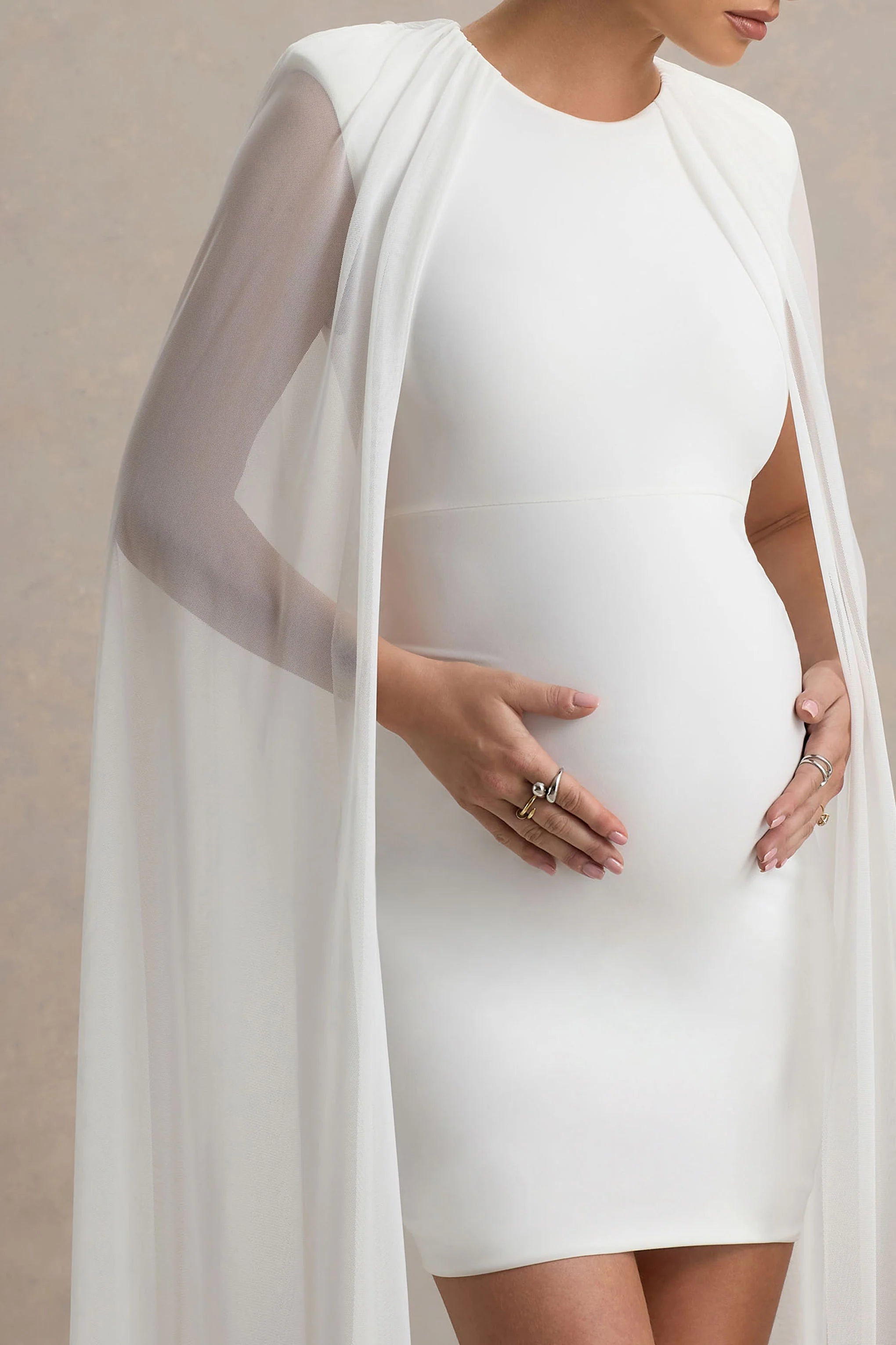 Charlene White High Neck Maternity Mini Dress With Mesh Cape