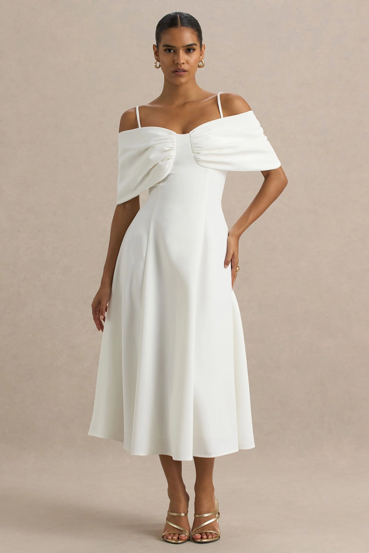 Hettie White Short Sleeve Bardot Midi Dress With Bow Detail