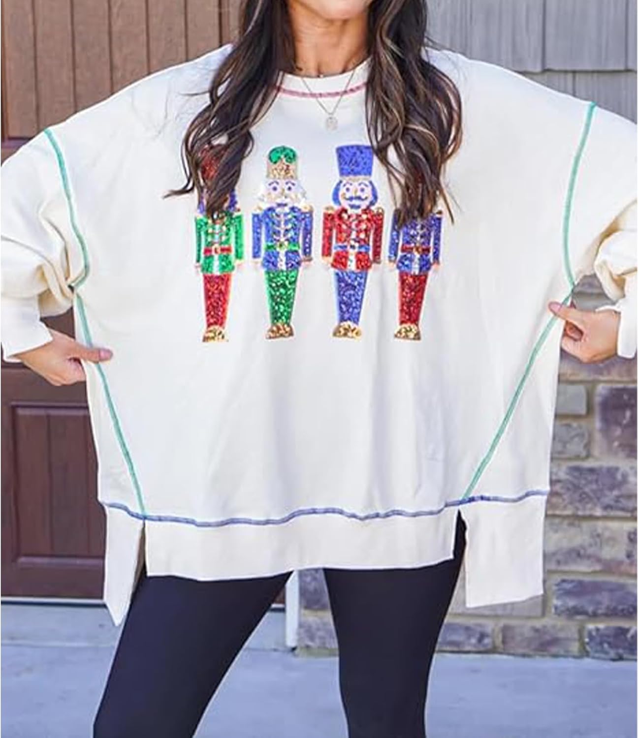 Christmas Sweatshirt for Women Funny Sequin Sweater Nutcracker Santa Xmas Graphic Oversized Pullover Tops