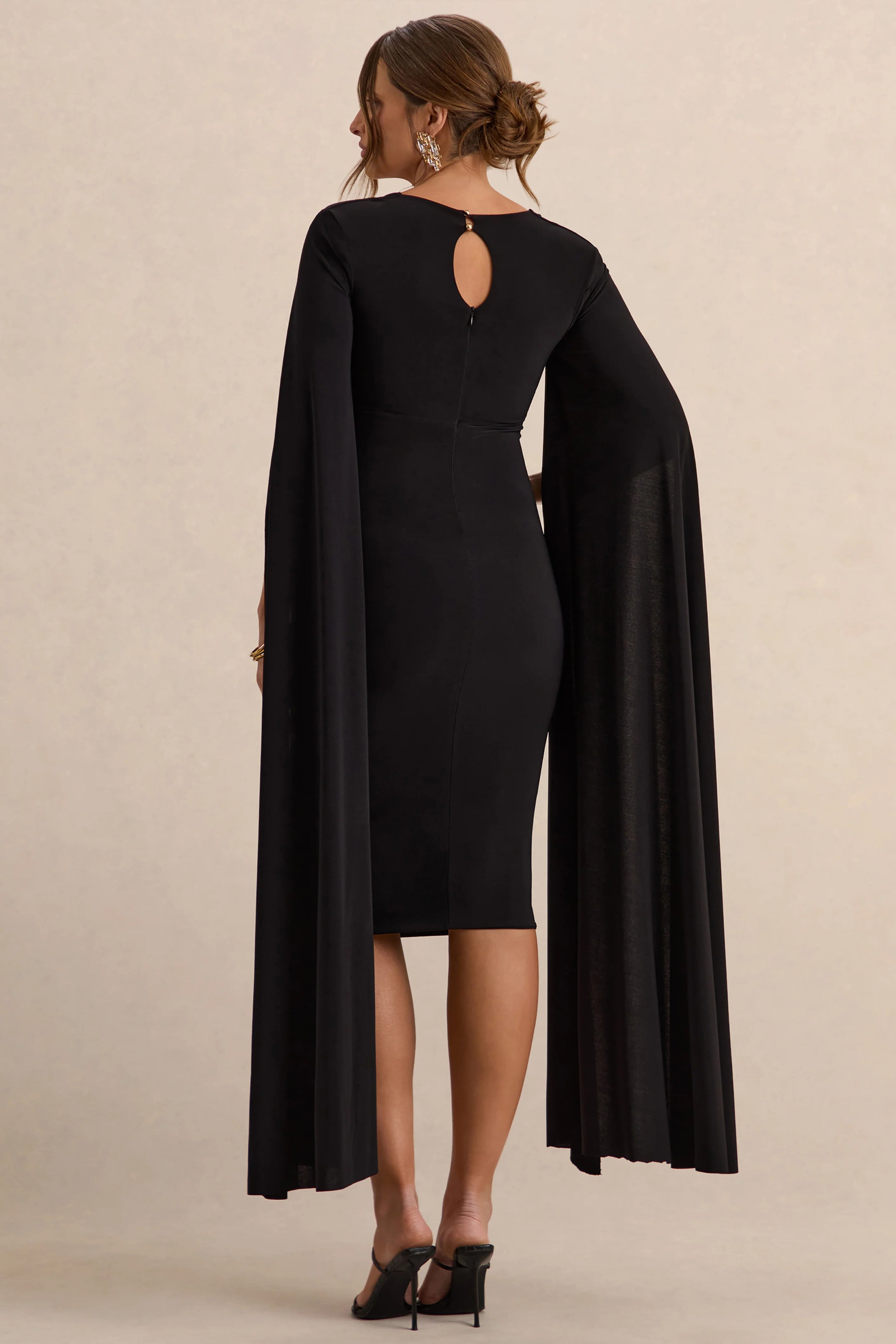 Flawless Black Square Neck Maternity Midi Dress With Cape Sleeves