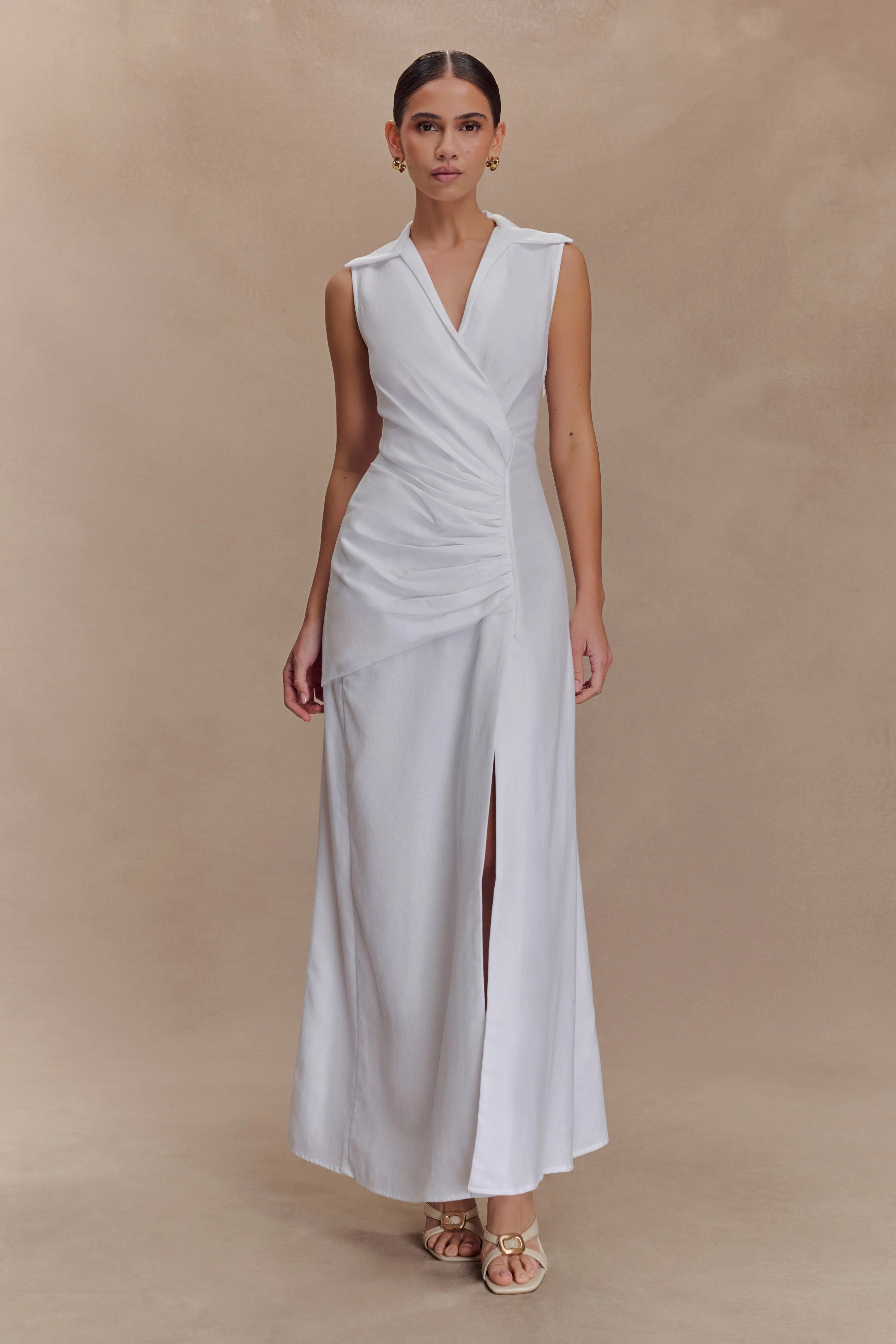 Dante Ruched Linen Midi Dress White