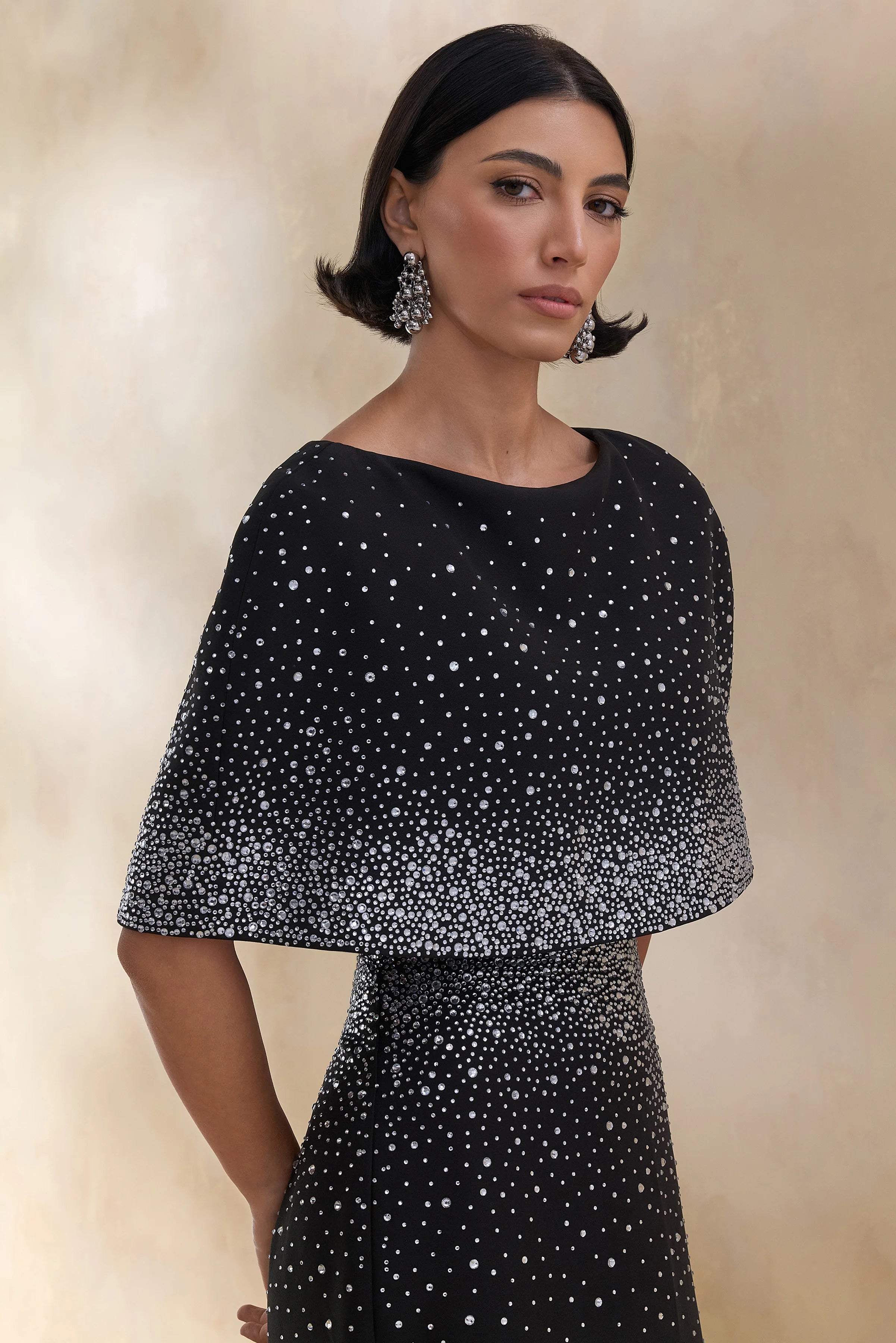 Luxy Black Embellished Boat Neck Crop Top With Cape Sleeves