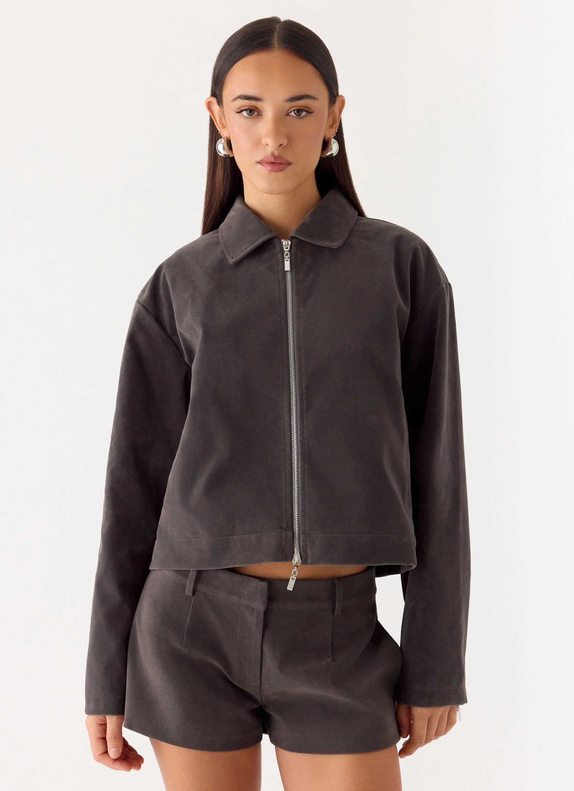 Austina Faux Suede Boxy Jacket Tan Grey