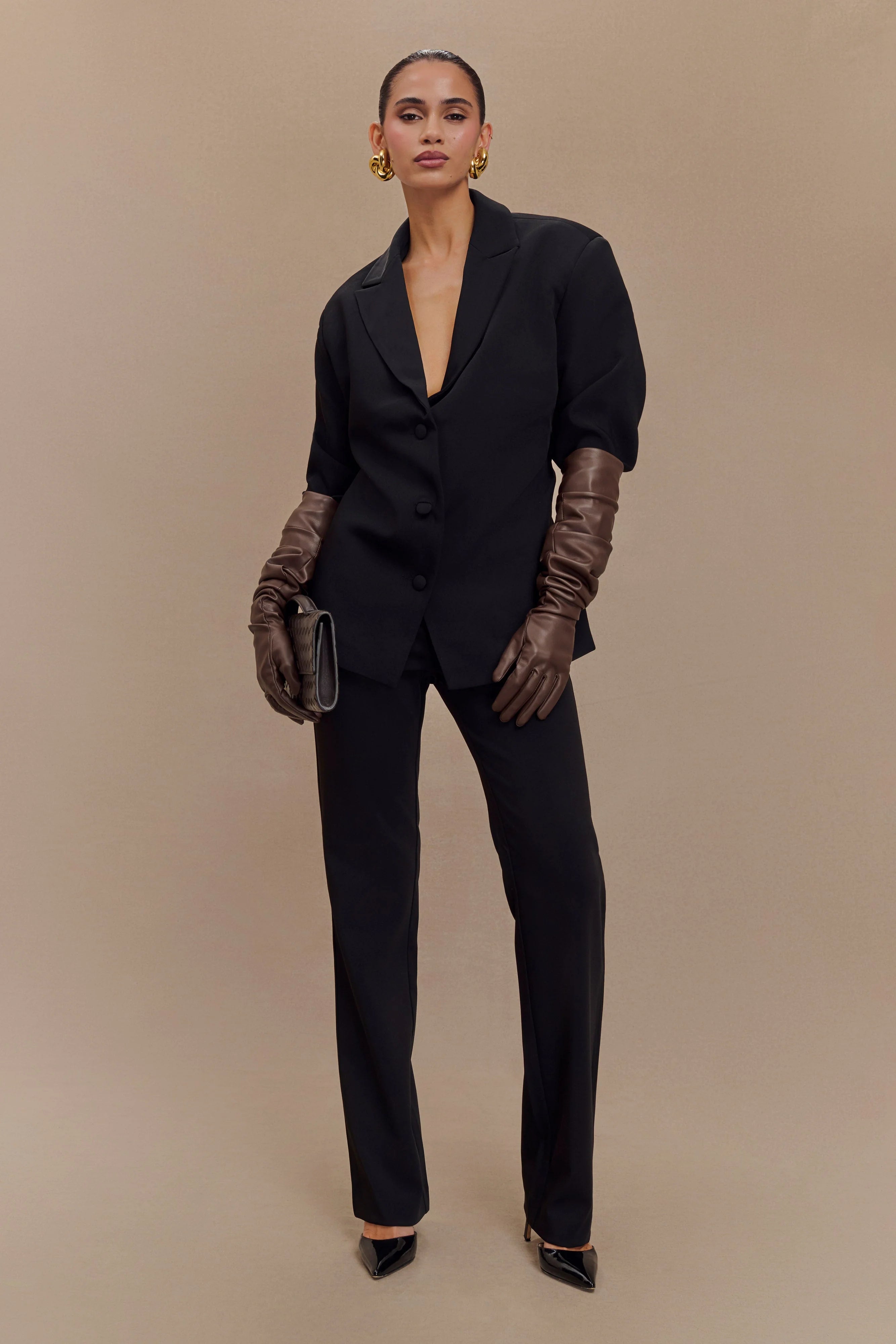 Jasper Faux Leather Elbow Length Gloves Dark Chocolate