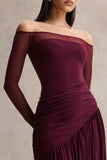 Luminary Dark Plum Bardot Neck Maxi Dress With Mesh Sleeves