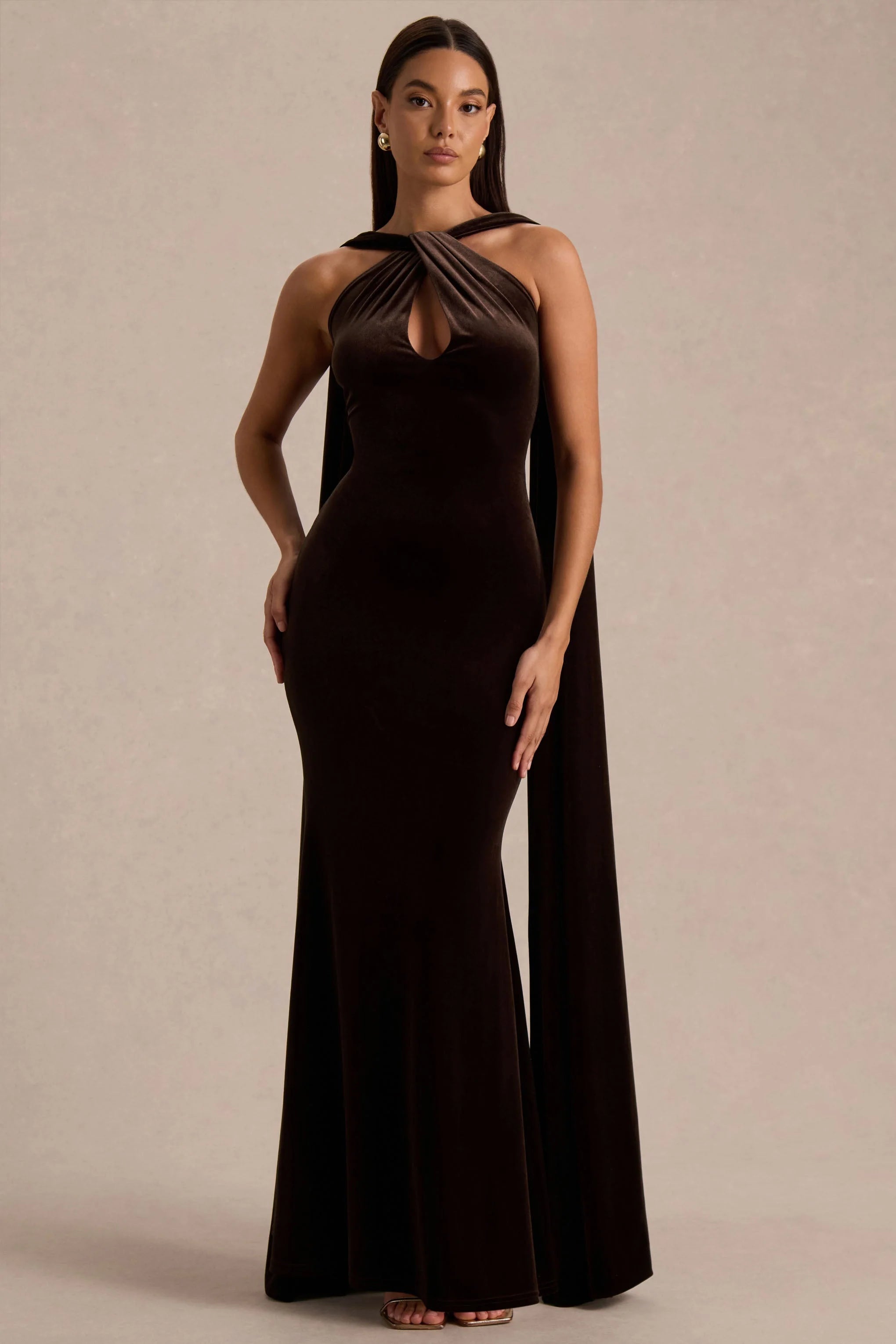 Layli Brown Velvet Halter Neck Maxi Dress With Cape