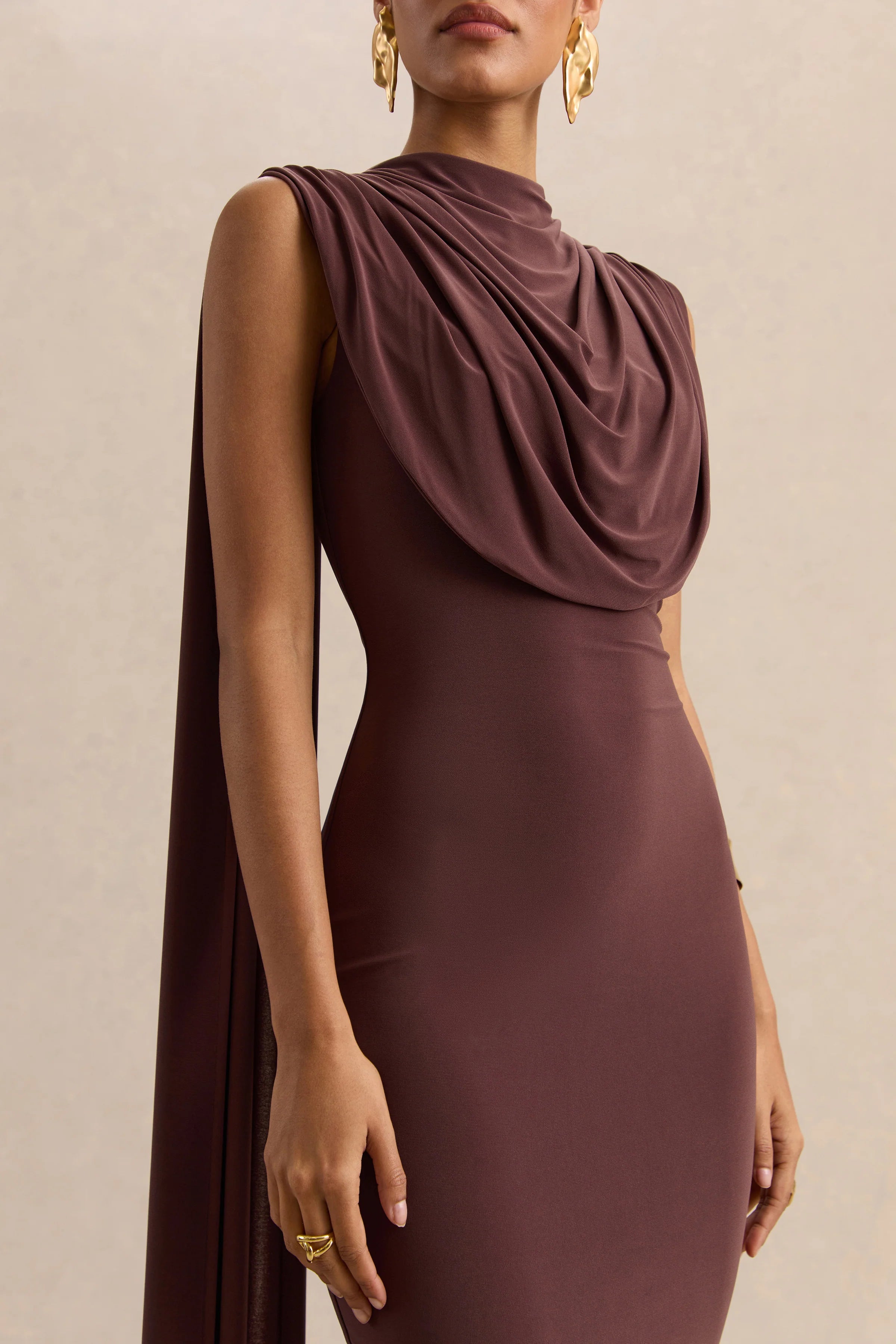Patrina Brown High Neck Maxi Dress With Draped Detailing And Cape Sleeves