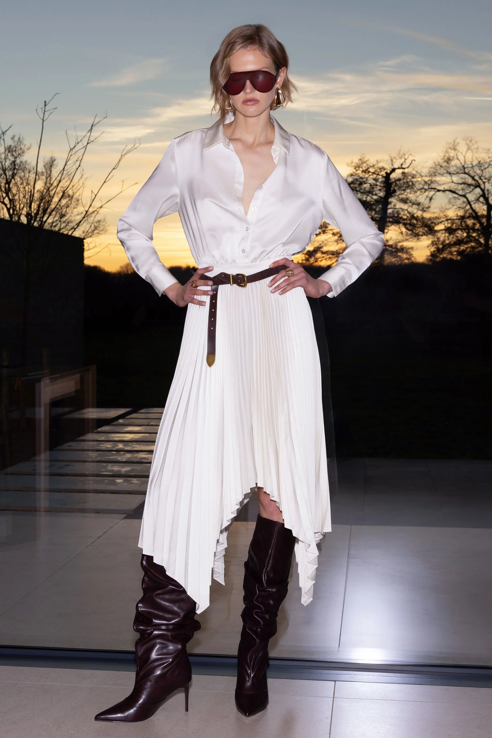 Naxos Cream Satin Shirt Maxi Dress With Pleated Skirt