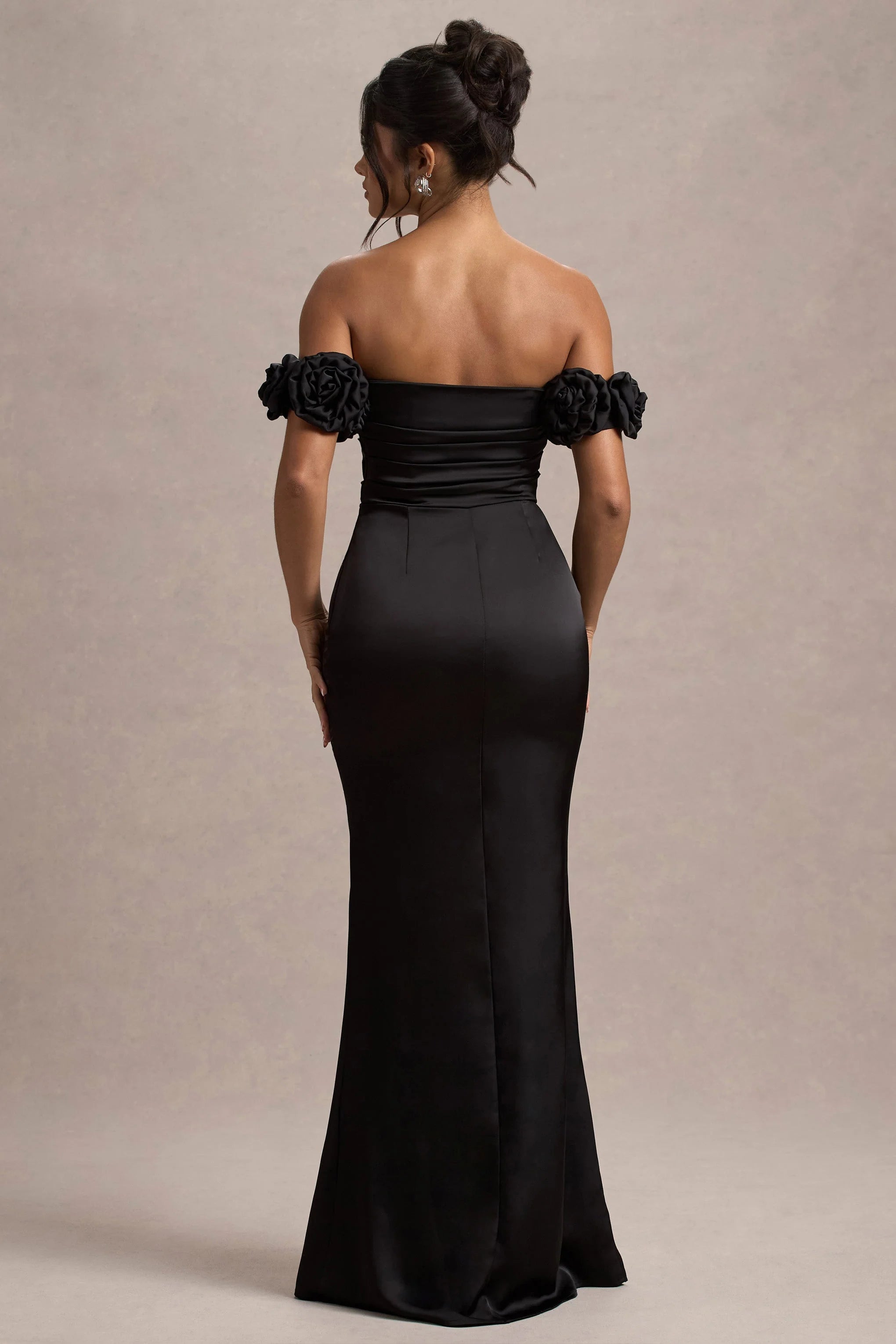 Senseless Black Satin Floral Bardot Maxi Dress