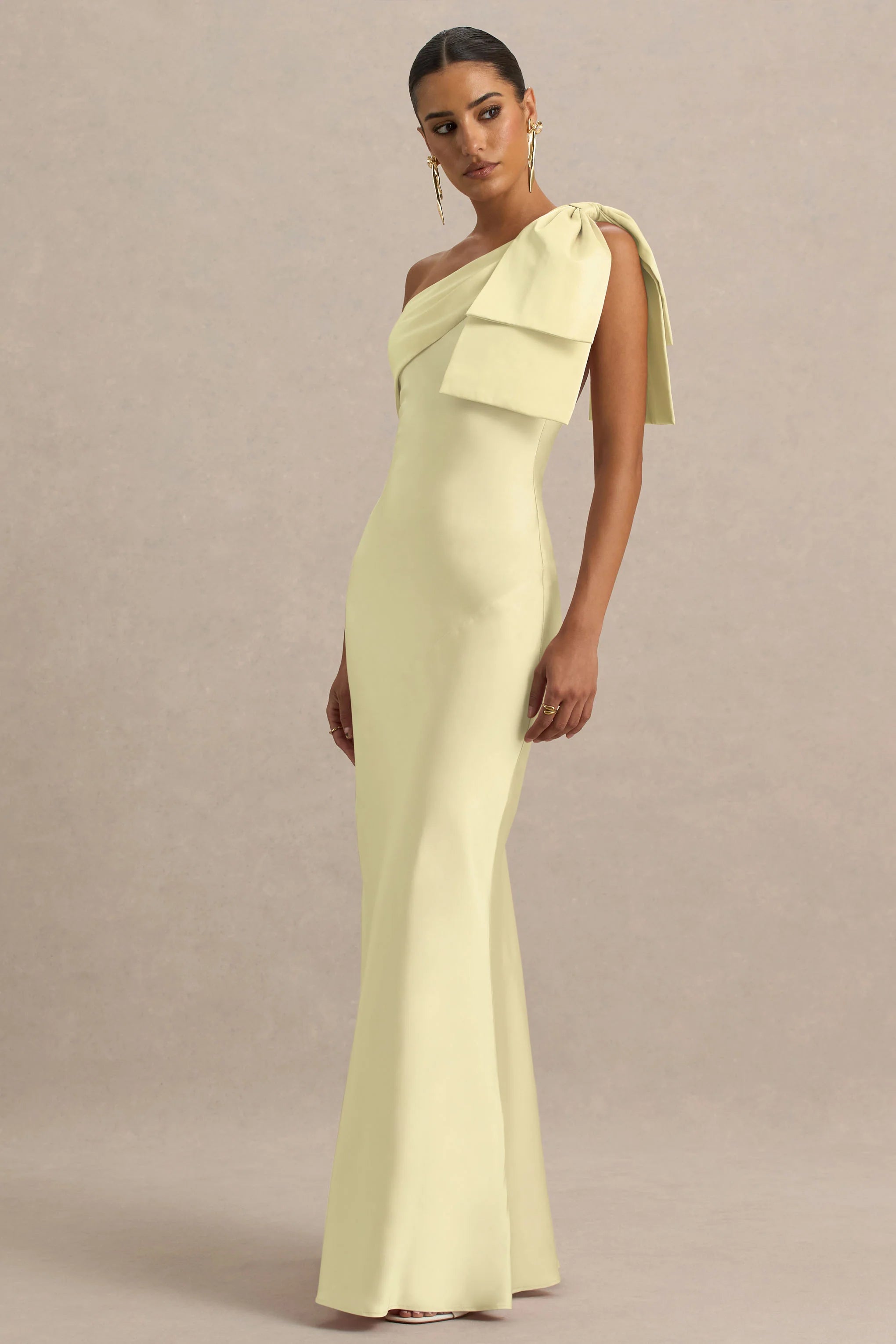Valerie Lemon Satin Asymmetric Neck Maxi Dress With Bow Detail