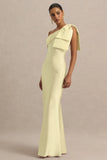 Valerie Lemon Satin Asymmetric Neck Maxi Dress With Bow Detail