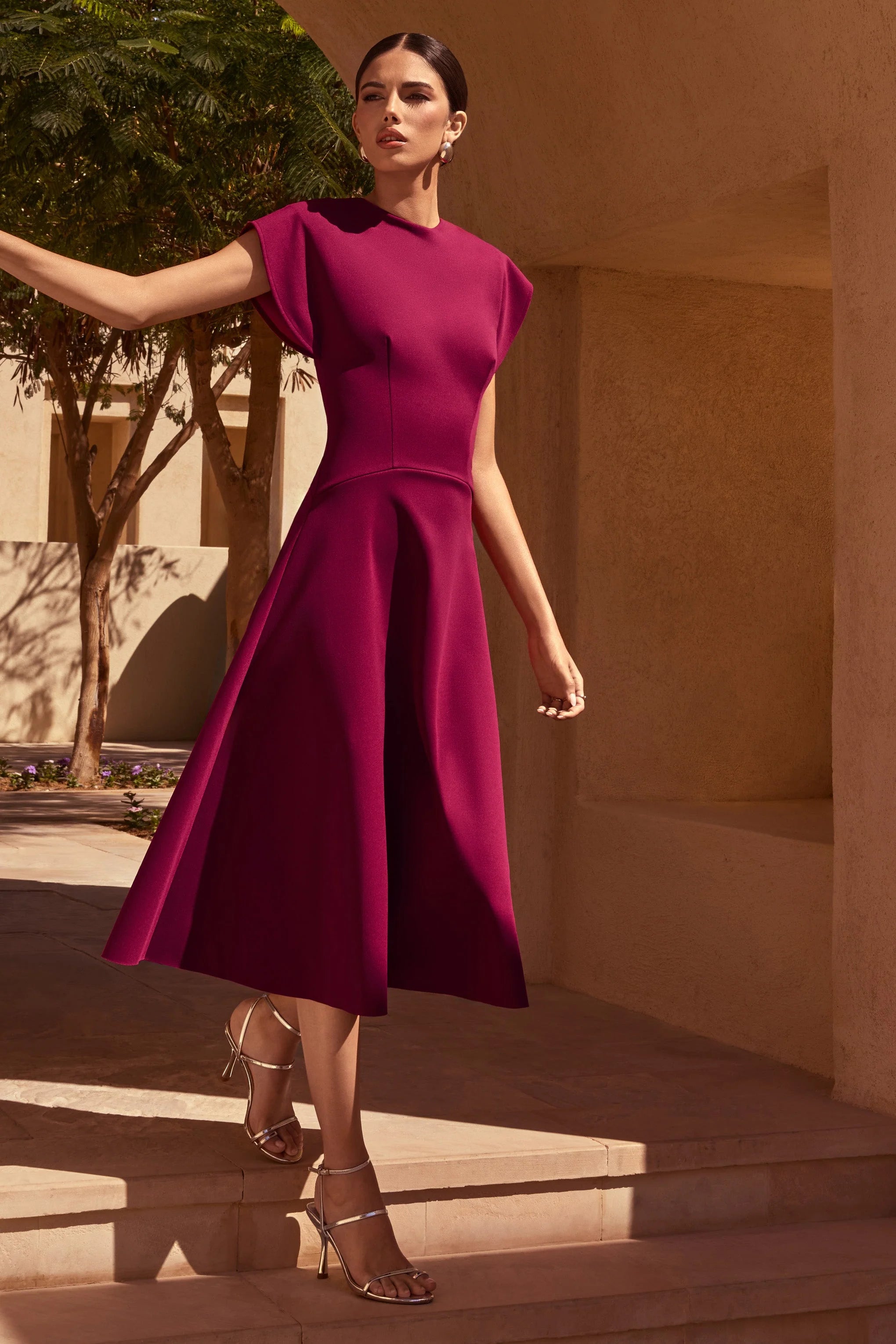 Linda Dark Cherry Crew Neck Cap Sleeve Midi Dress