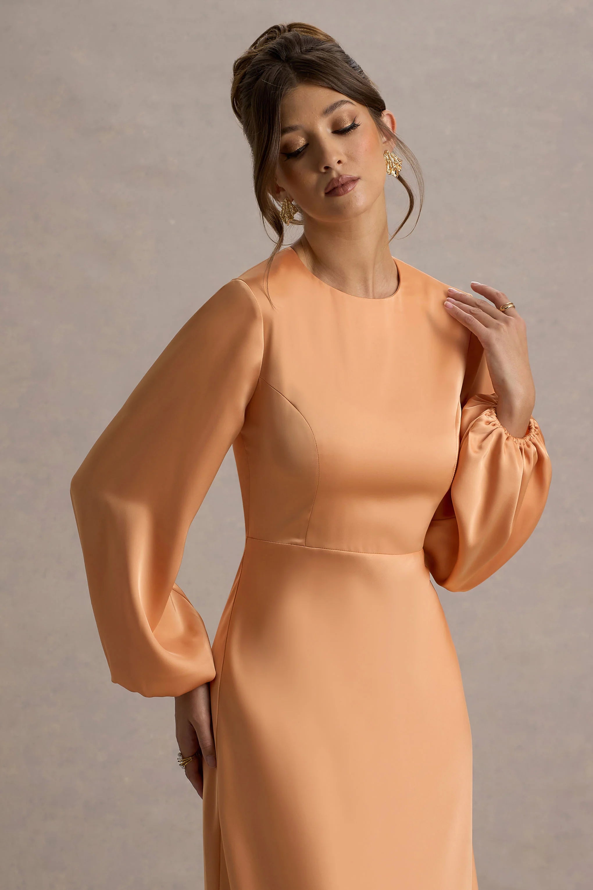 Crawley Peach Satin Puff Sleeve Maxi Dress