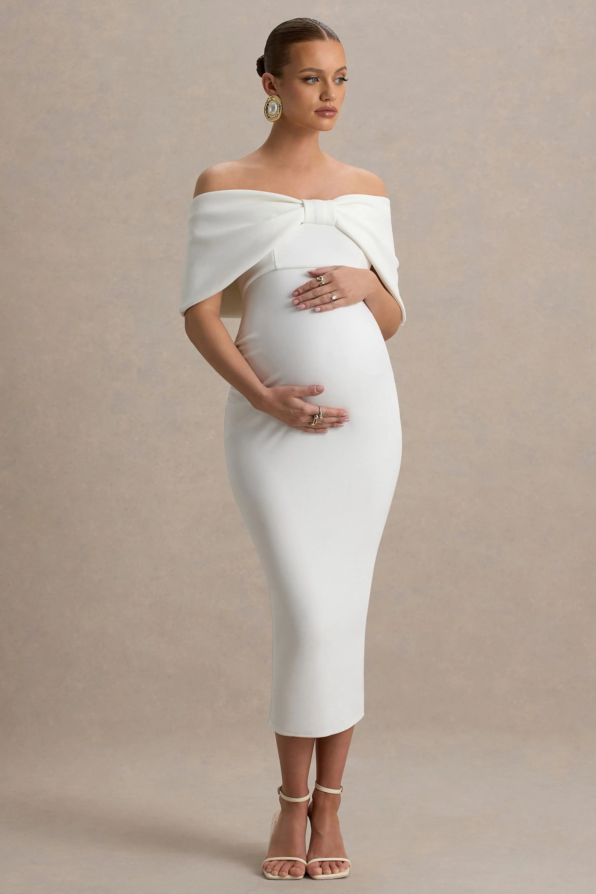 Droplet White Bow Bardot Maternity Midi Dress