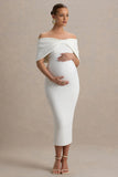 Droplet White Bow Bardot Maternity Midi Dress