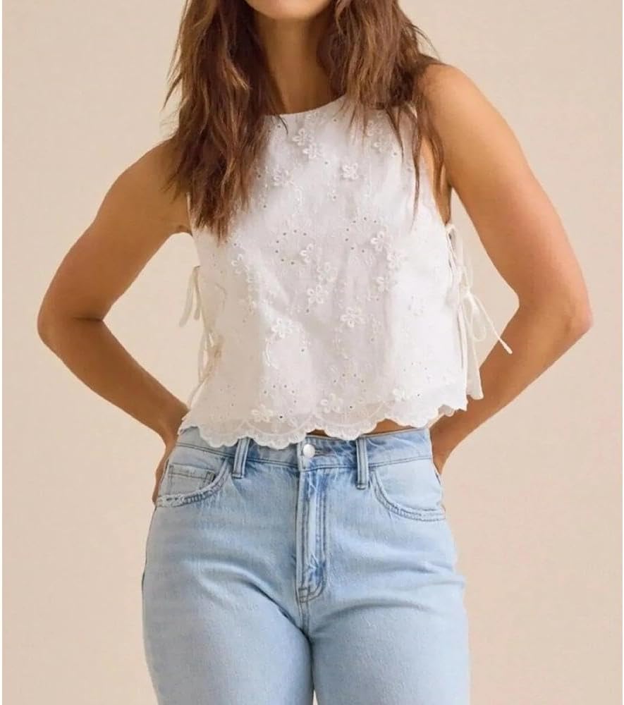 Women Eyelet Embroidered Tank Top Sleeveless Side Tie Summer Going Out Crop Top
