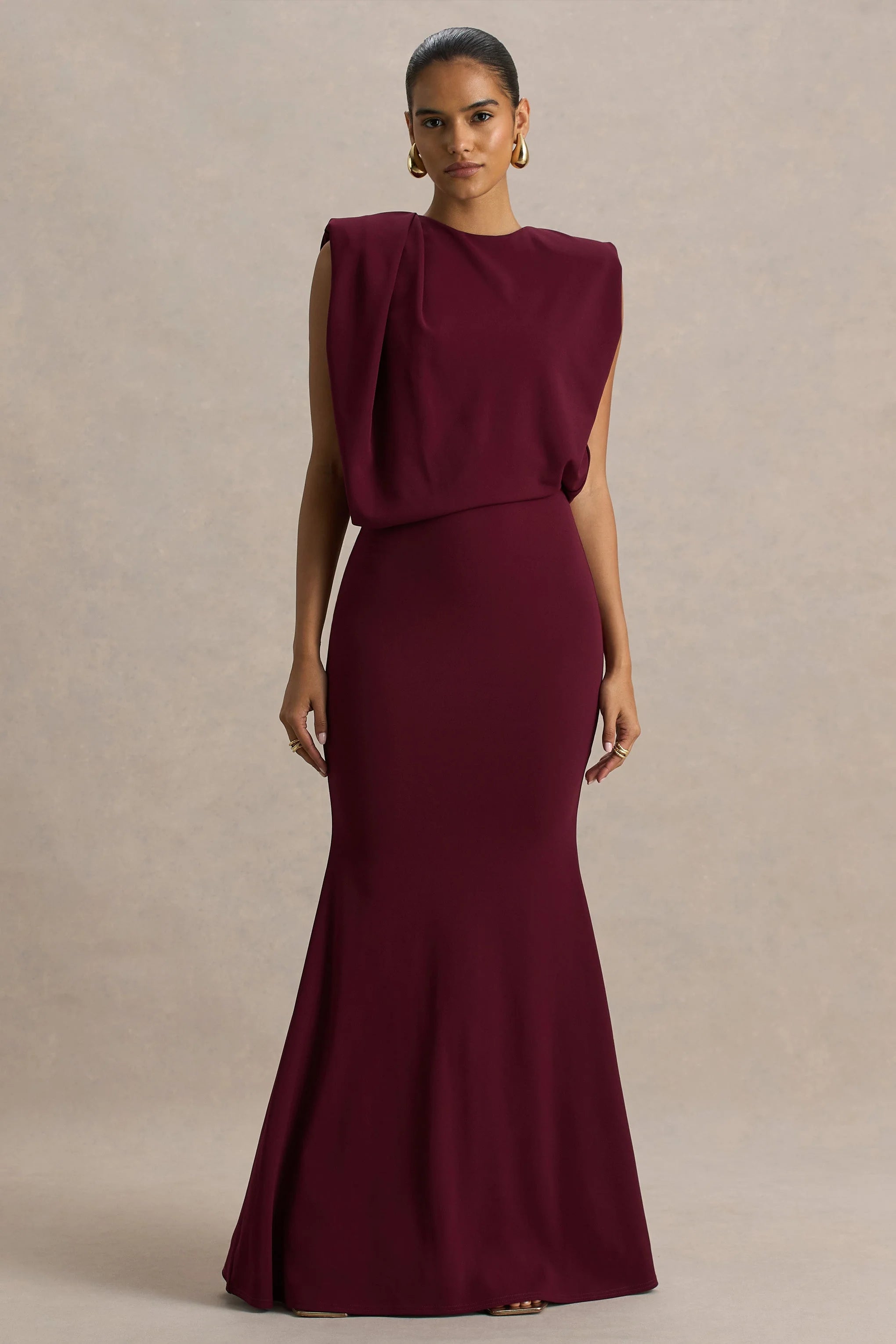 Meave Burgundy Boat Neck Maxi Dress With Draped Detail