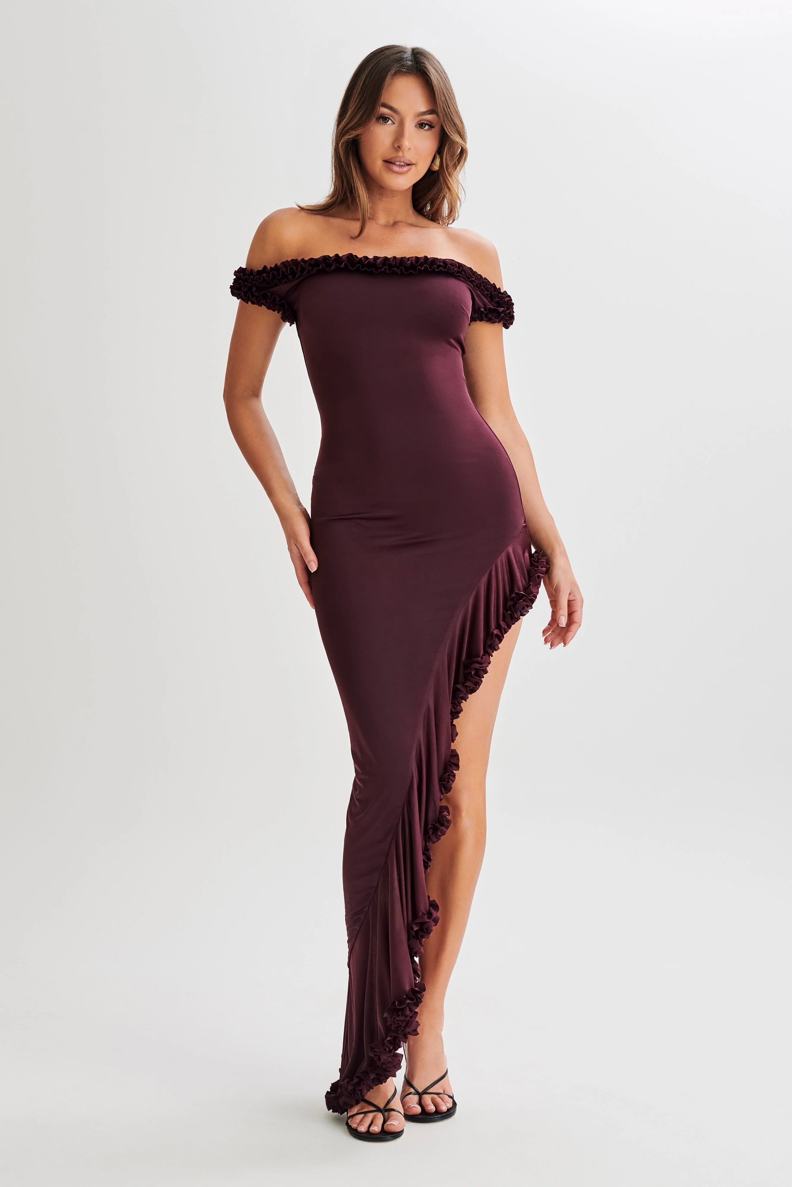 Arielle Off Shoulder Ruffle Midi Dress Plum
