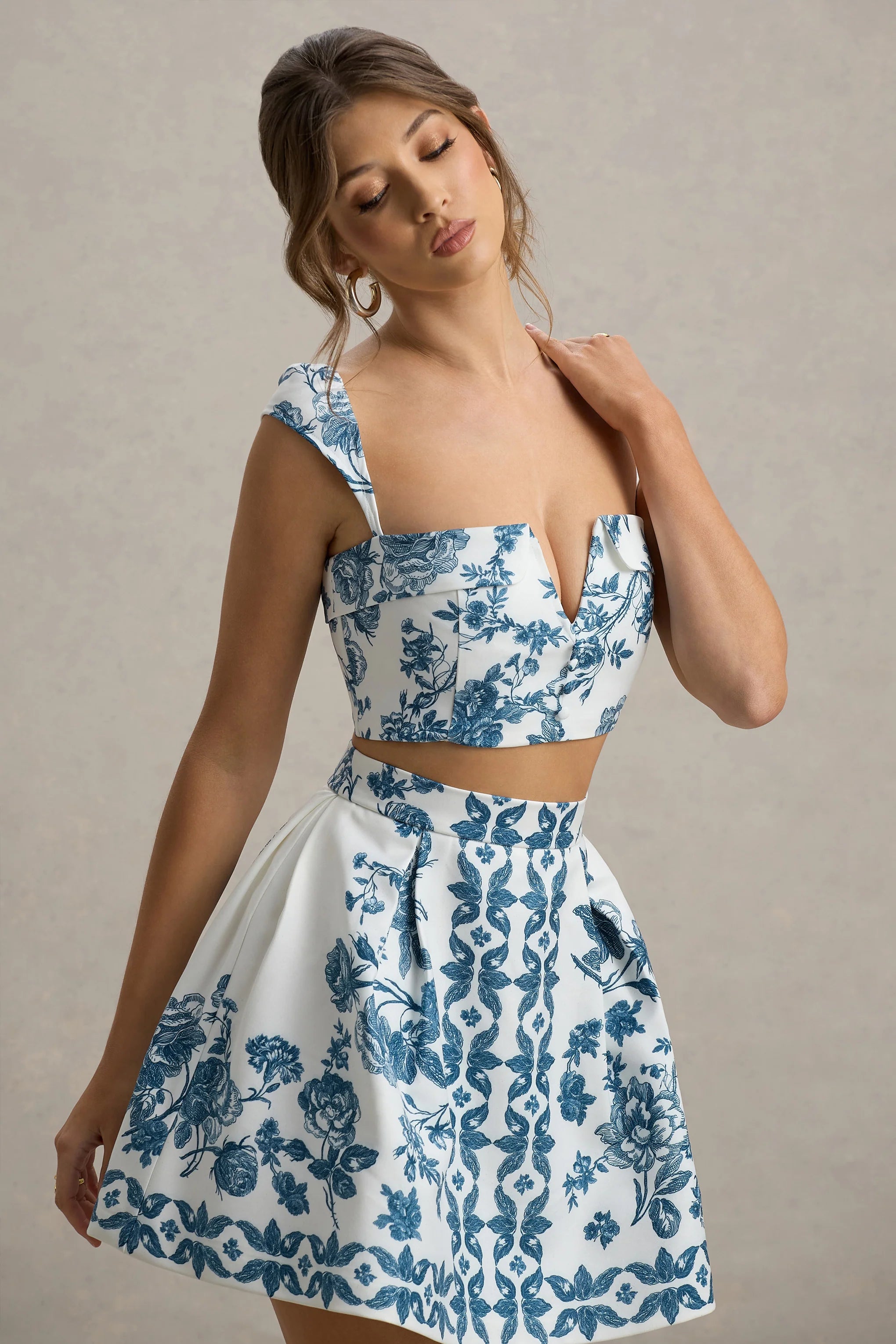 Modella Blue Porcelain Print Skater Mini Skirt